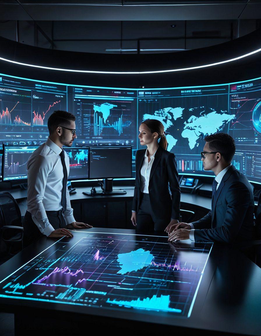 A futuristic data analysis workspace with a glowing holographic display showing complex statistical graphs and charts, a diverse team of analysts collaborating enthusiastically, and a sleek VSNI software logo visible in the background. The scene is filled with vibrant colors that convey energy and innovation. cyberpunk. super-realistic.