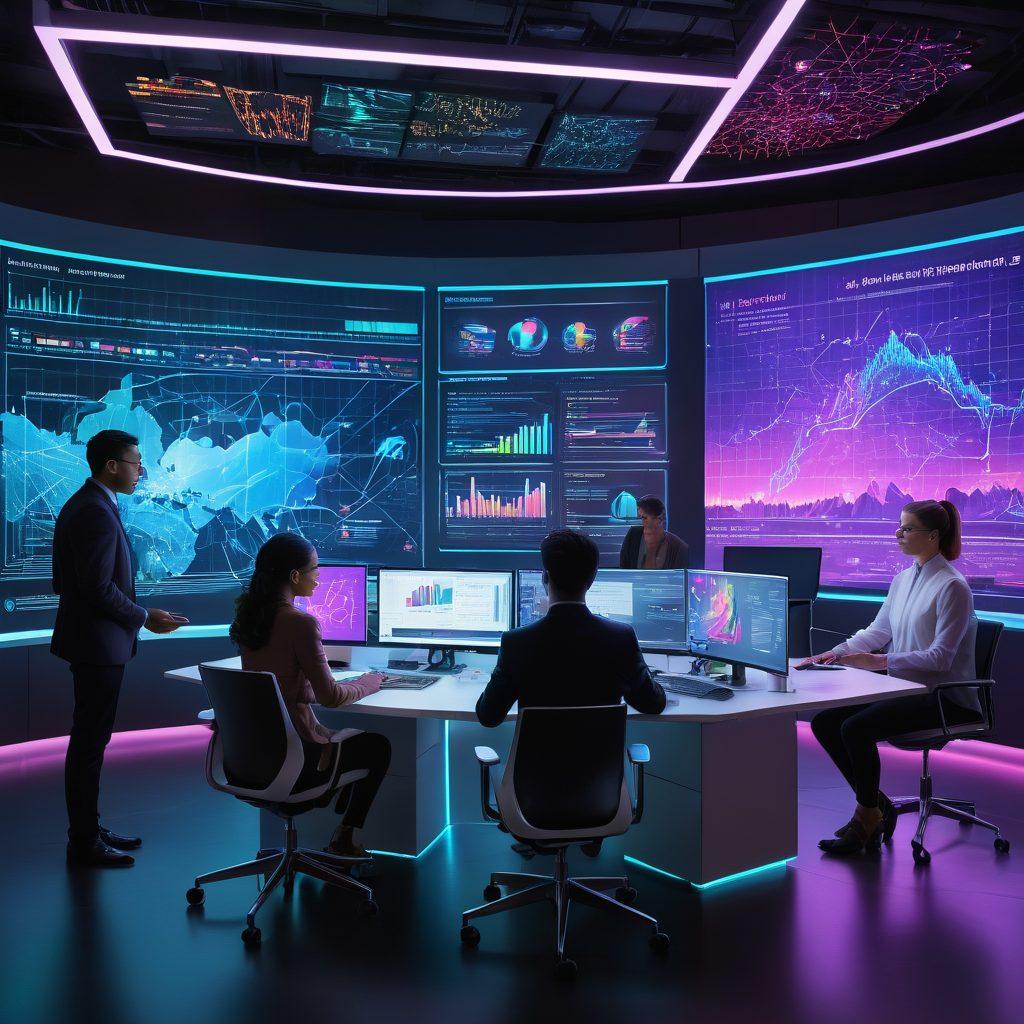 A futuristic workspace with a large holographic display showing colorful charts and graphs, illustrating data transformation and analysis. In the foreground, a diverse team of analysts collaboratively discussing insights while surrounded by data visualizations and digital tools. The atmosphere conveys innovation and teamwork. neon colors. high-tech. 3D.